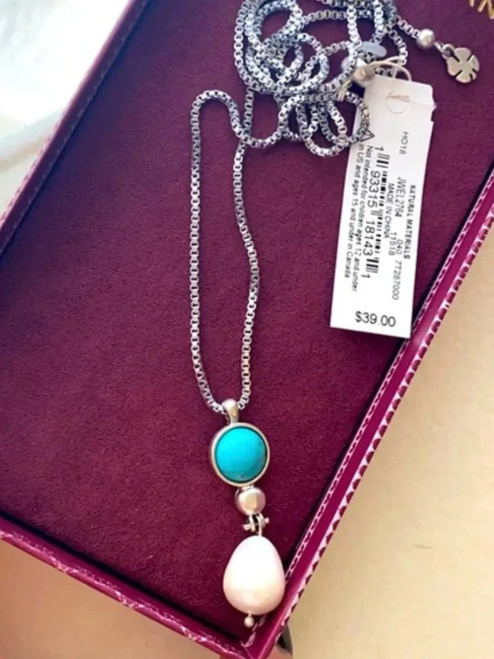 Lucky Brand Silver-Tone Necklace with Turquoise Stone and Pearl Drop Pendant